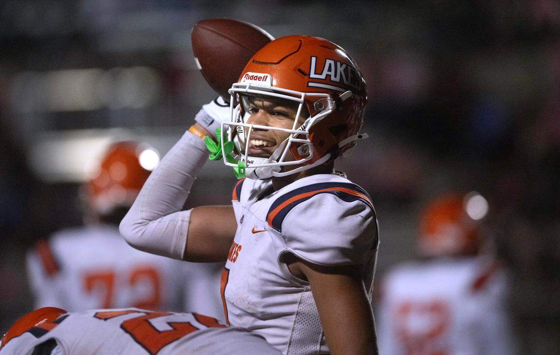 Lakes’ Tristan Baker during Friday night’s football game at Viking Stadium in University Place, Washington, on Sept. 20, 2024. After trailing 10-0, Lakes won the game, 14-10.