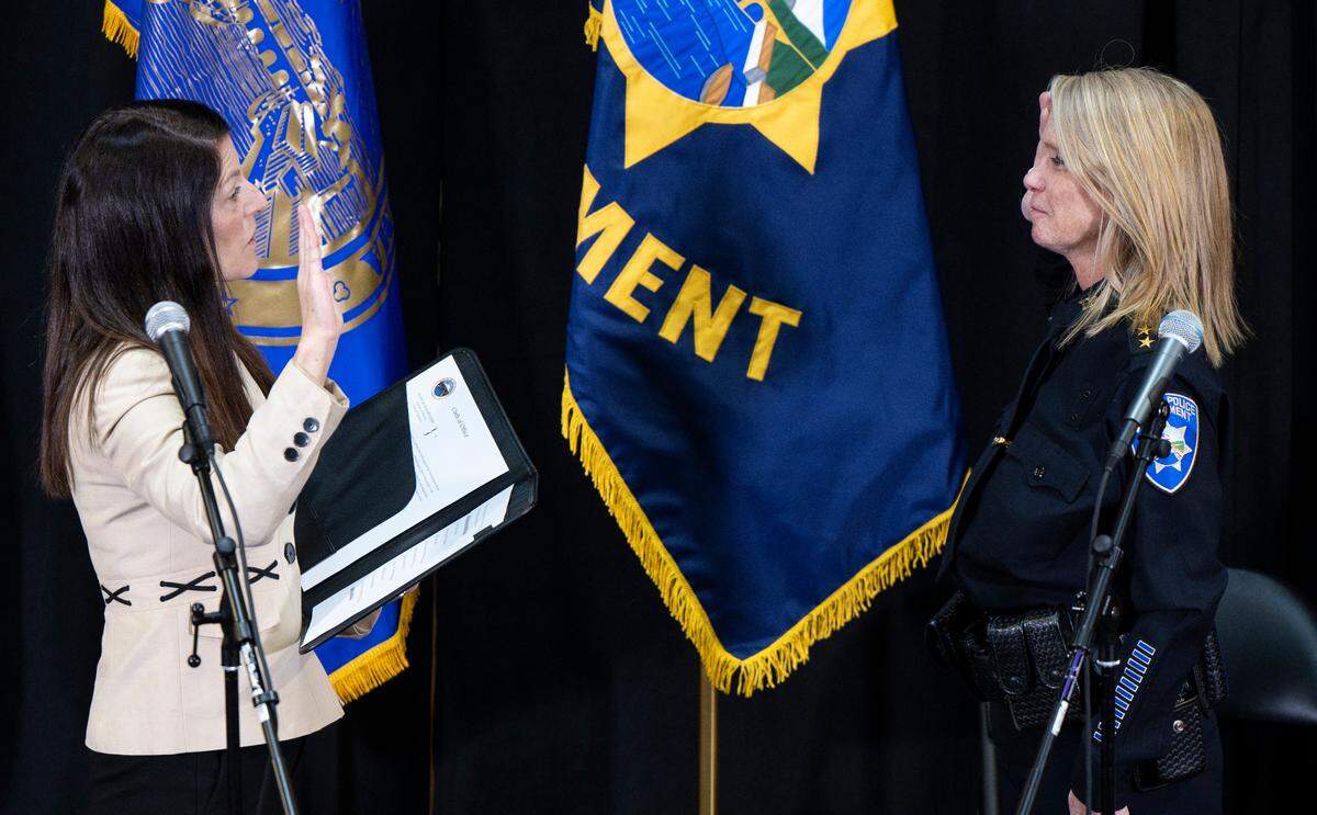 Interim Tacoma Police Chief Patti Jackson is sworn during a ceremony at Tacoma Police Headquarters, on Wednesday, March 19, 2025, in Tacoma.