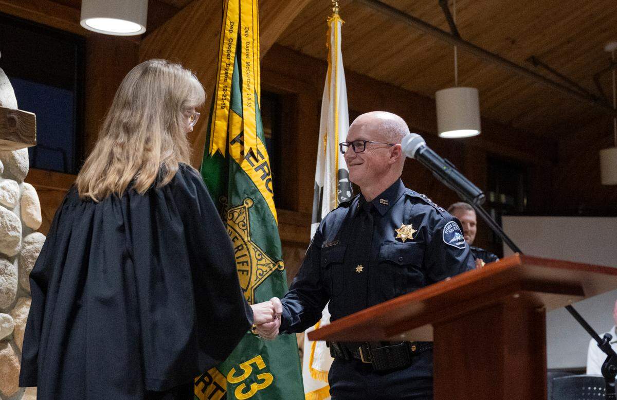 Newly elected Pierce County Sheriff Keith Swank is sworn in at a swearing-in ceremony at Frontier Park Lodge, on Wednesday, Jan. 15, 2025, in Graham Wash.