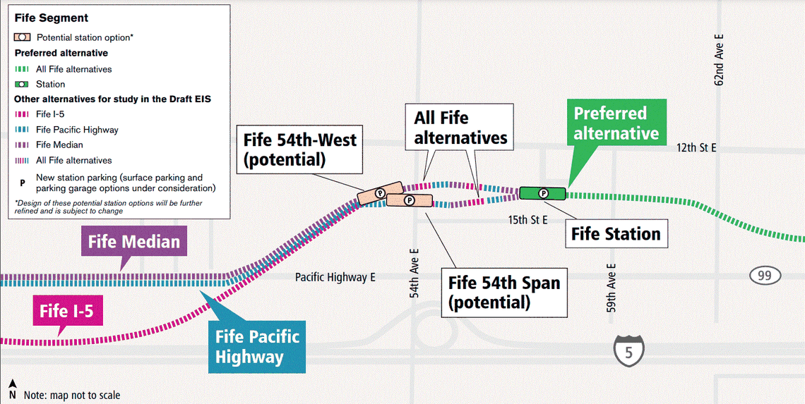 This map shows the alternative locations of Tacoma Link light rail extension project stations in Fife.