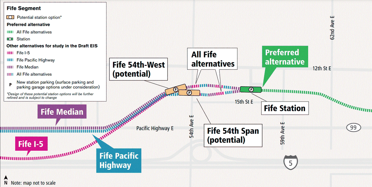 This map shows the alternative locations of Tacoma Link light rail extension project stations in Fife.