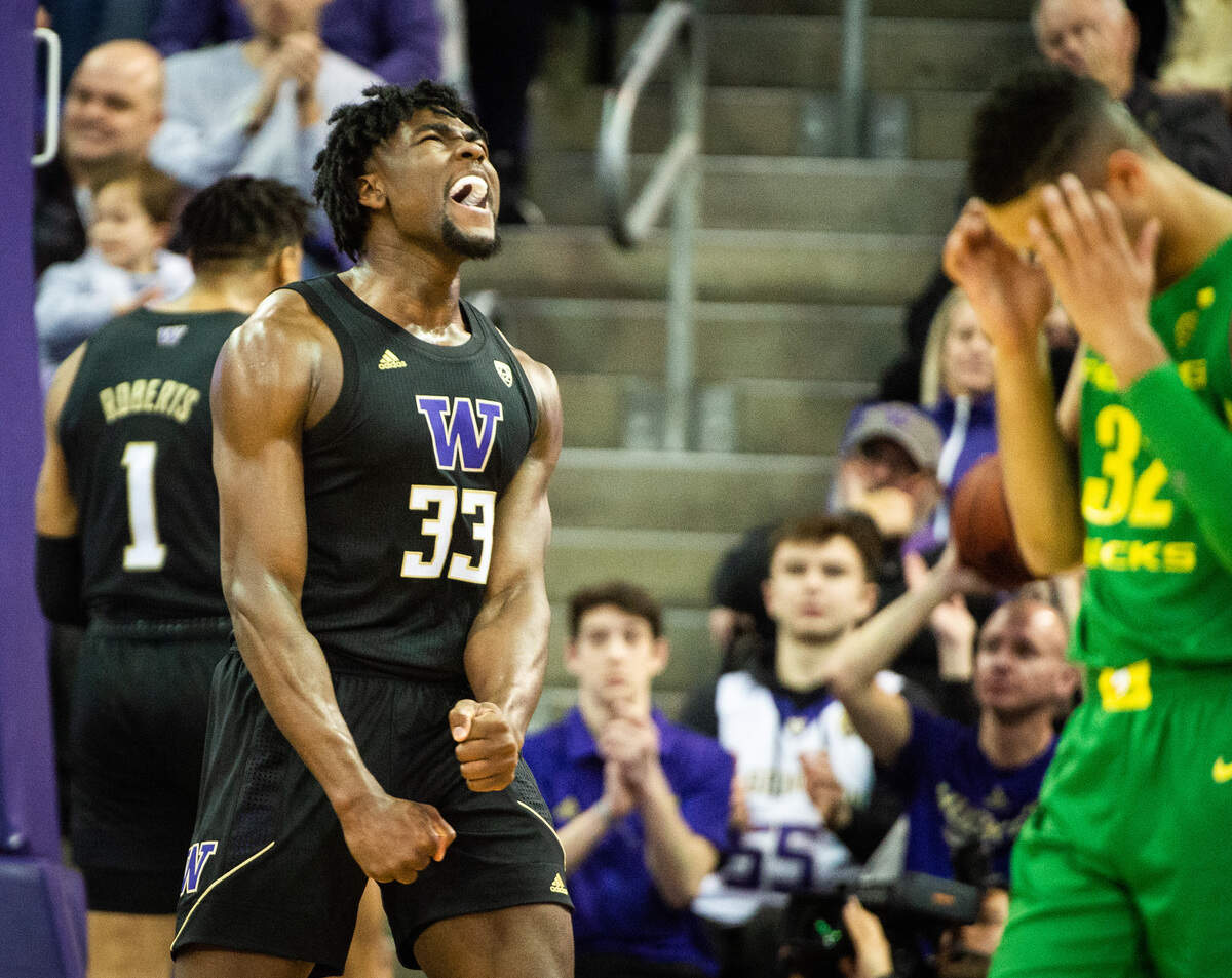 Washington Huskies forward Isaiah Stewart (33) celebrates a block against Oregon during the first half. Washington played Oregon in a NCAA basketball game at Hec Edmundson Pavilion in Seattle, Wash., on Saturday, Jan. 18, 2020.