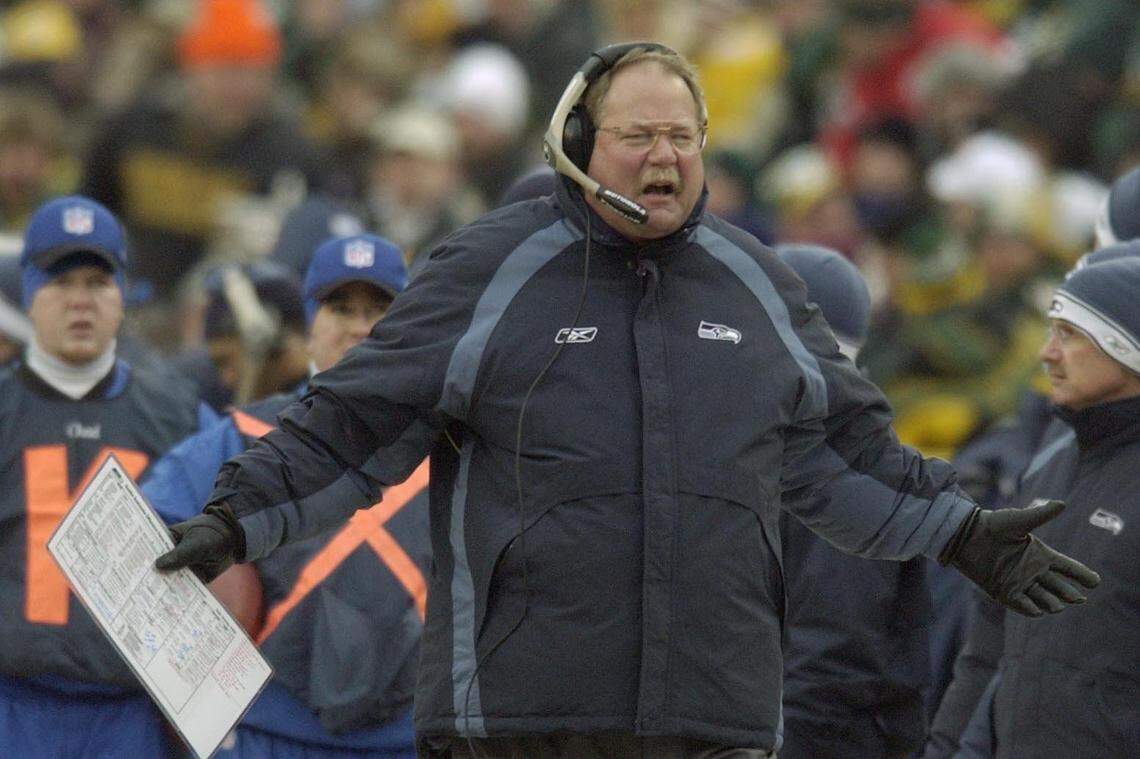 Seattle Seahawks head coach Mike Holmgren prowls the sidelines during the second quarter of their game against the Green Bay Packers Sunday, January 4, 2004 at Lambeau Field in Green Bay, Wis.