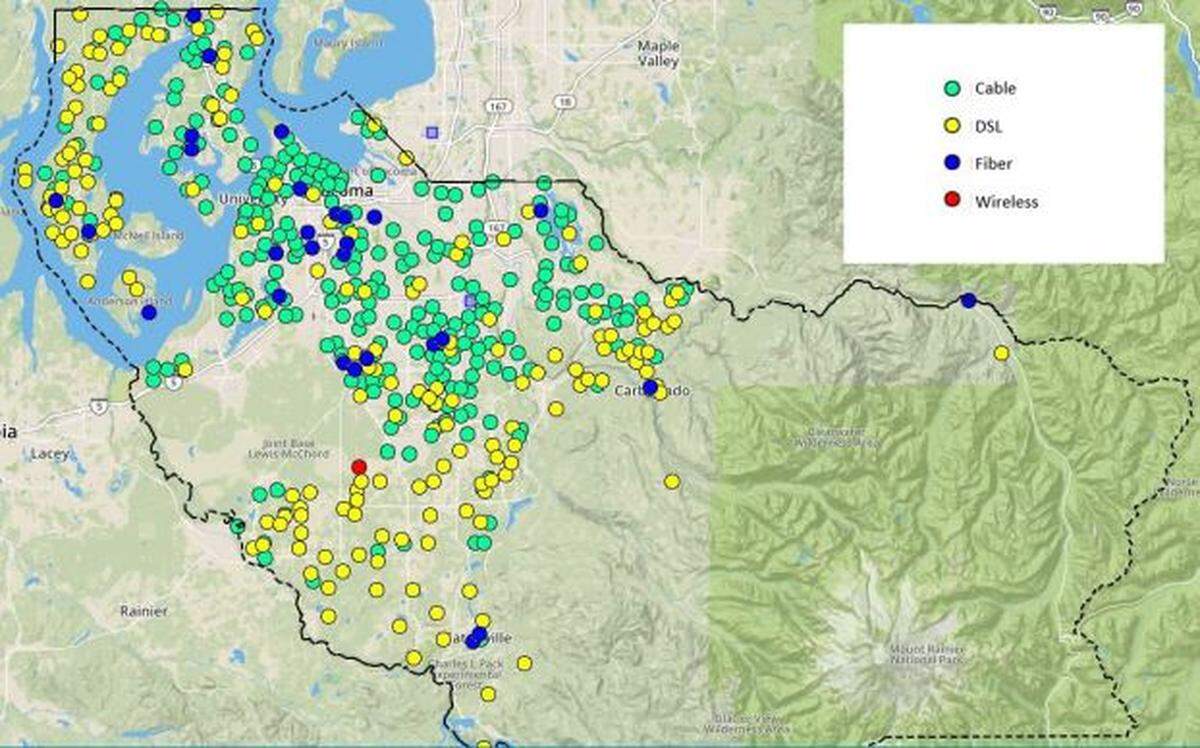 This map shows the types of internet service being supplied throughout Pierce County, including unincorporated areas.