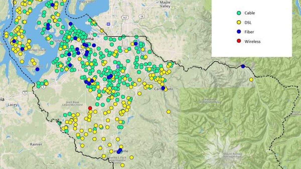 This map shows the types of internet service being supplied throughout Pierce County, including unincorporated areas.