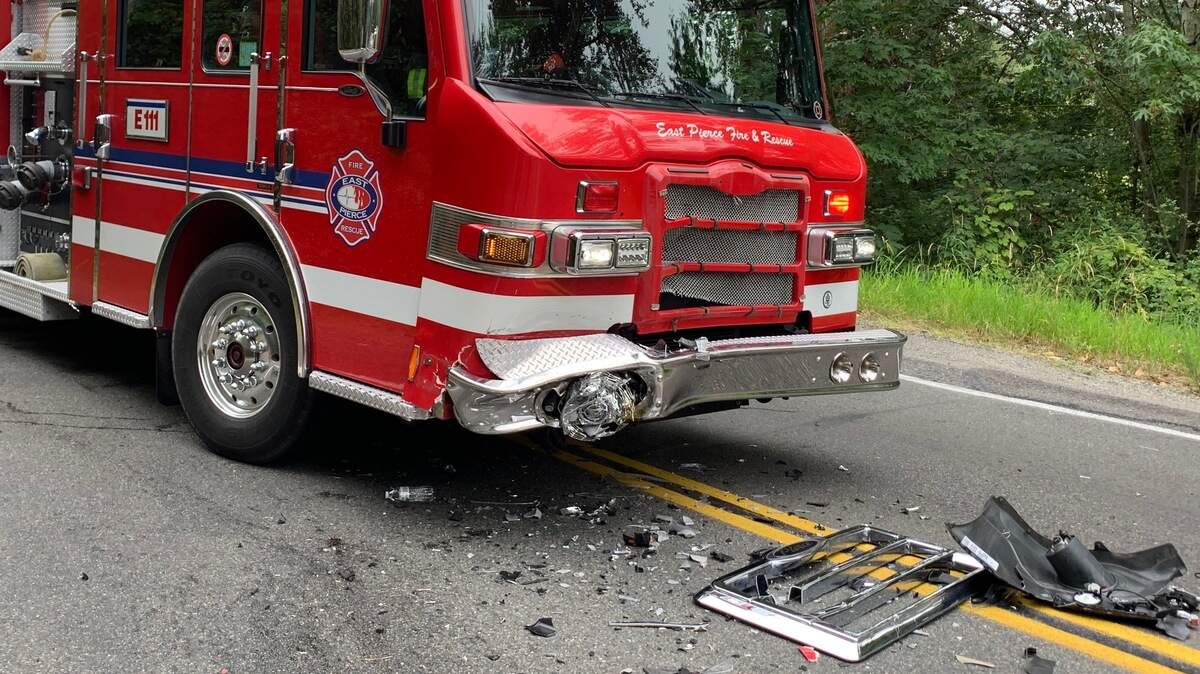 An East Pierce Fire & Rescue fire engine was hit by a station wagon on Sumner-Buckley Highway Wednesday morning just outside Bonney Lake.