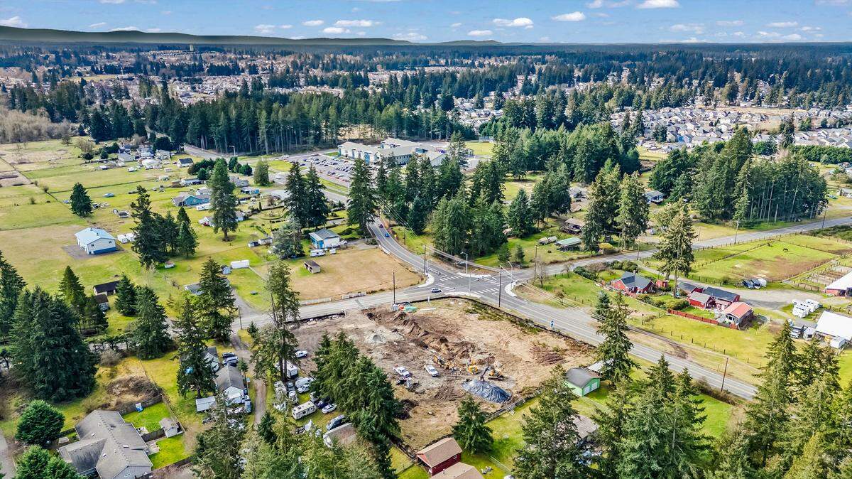 Aerial shows site planned for new 9-home Clover Creek Court development from Pacific Lifestyle Homes, between Spanaway and Frederickson.