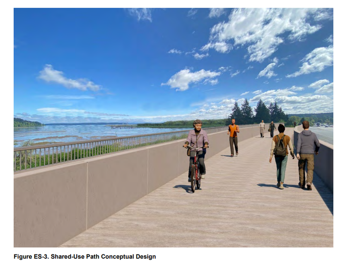 An artist rendering depicts a possible shared-use pedestrian path along Interstate 5 over the Nisqually River delta.