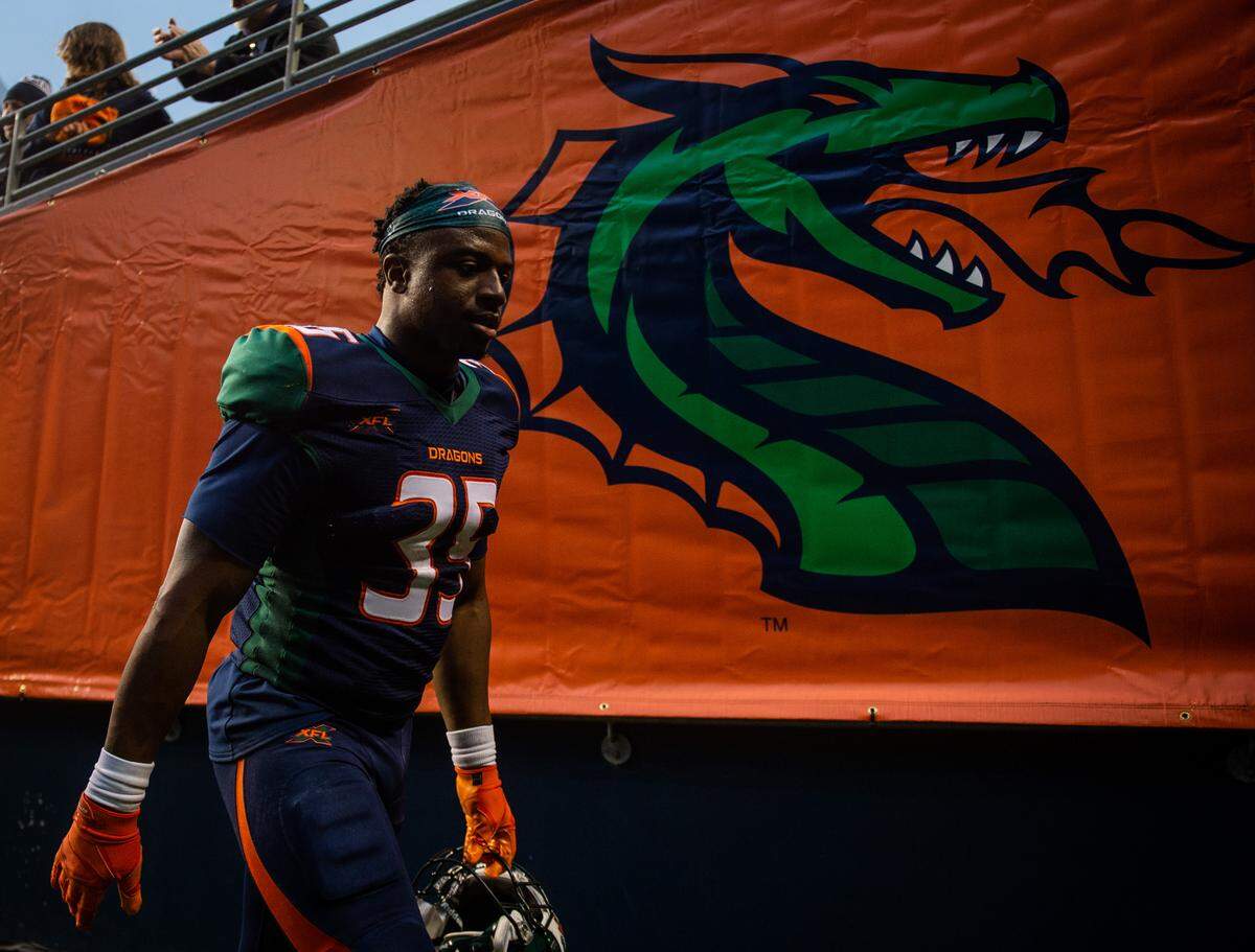 Seattle Dragons safety Godwin Igwebuike (35) walks into the tunnel after the game. The Seattle Dragons played the Tampa Bay Vipers in a XFL game at CenturyLink Field in Seattle, Wash., on Saturday, Feb. 15, 2020.