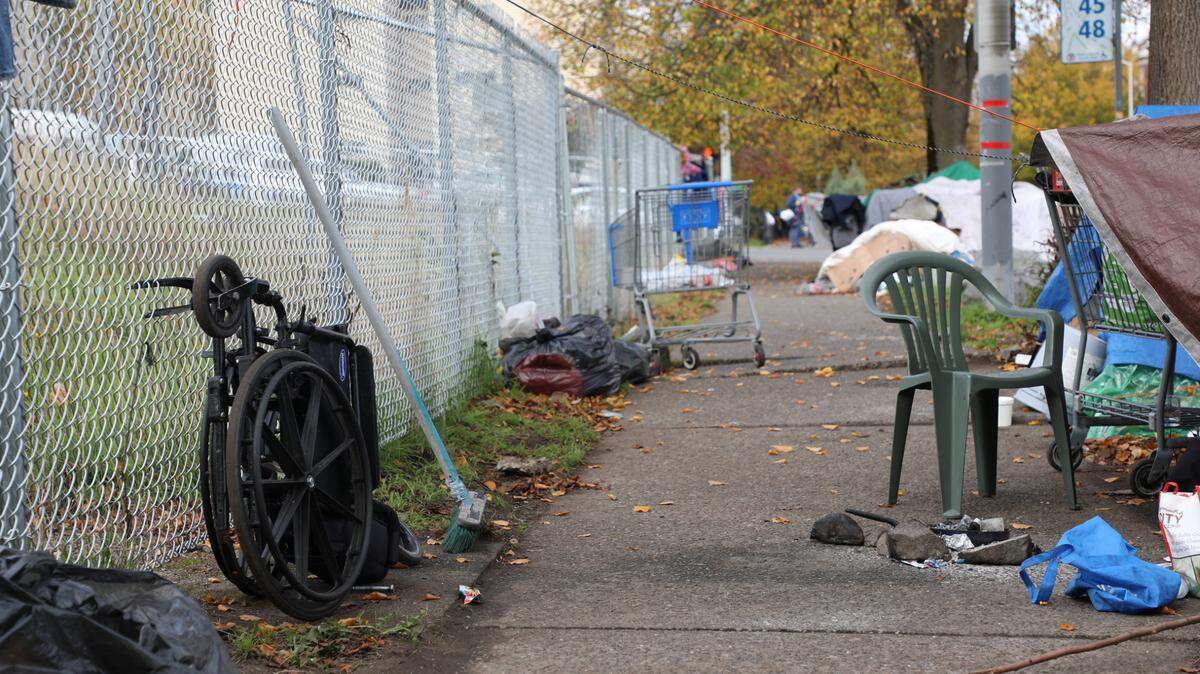 Wheelchairs are not uncommon at encampments near Tacoma’s Nativity House Shelter.