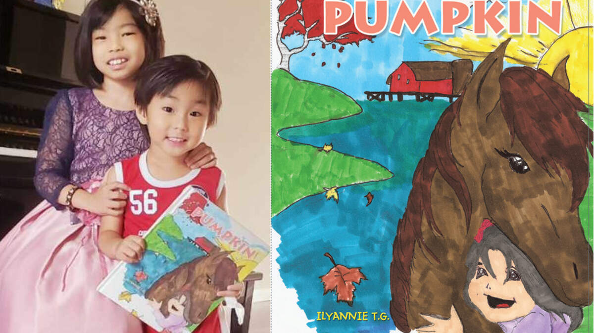 Ilyanee Tuason-Gonzalez and her brother, Rohan. At right, the cover of her book, “Pumpkin.”