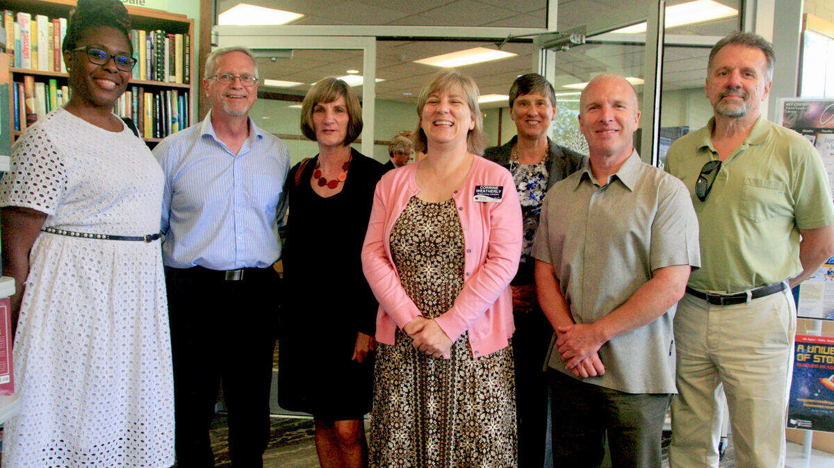 Corrine Weatherly, Key Center Library Supervising Librarian, center, joins members of the Pierce County Library System’s Board of Trustees for the first-ever trustees meeting at the Key Center Library on Wednesday, Aug. 14. From left, Jamilyn Penn of Steilacoom; Gig Harbor residents Rob Allen, chair, and Monica Butler; Executive Director Georgia Lomax of Tacoma; Daren Jones of Orting, vice chair, and Pat Jenkins, of Puyallup.