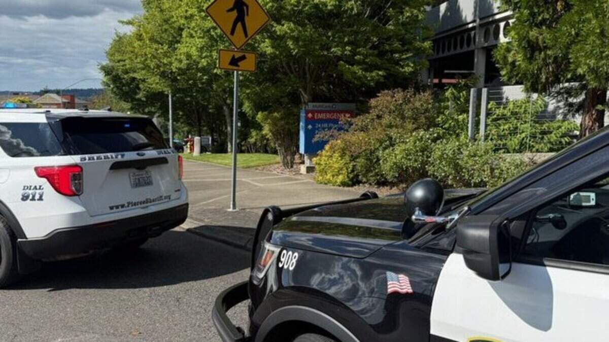 The Pierce County Sheriff’s Office and the Puyallup Police Department worked together to arrest a felony suspect following an alleged armed robbery in Parkland, tracking the suspect to Good Samaritan Hospital Wednesday, July 2, 2025, in Puyallup, Wash.