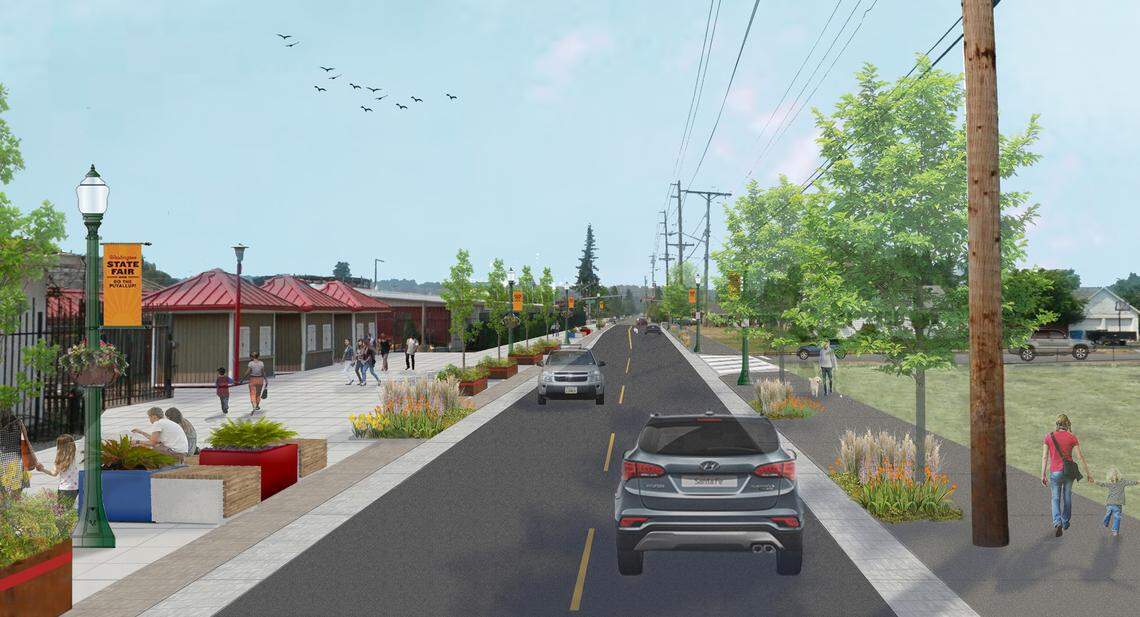 This rendering shows the festival street that the city of Puyallup hopes to finish in time for the 2025 Washington State Fair. The project is between Meridian and Fifth Street Southwest on Ninth Avenue Southwest.