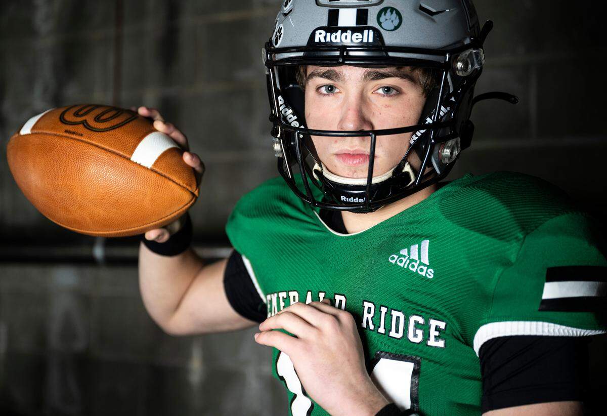 Emerald Ridge junior Jake Schakel poses for a portrait after being selected as a quarterback for The News Tribune’s 2022 All-Area football team, at Mount Tahoma High School in Tacoma, Wash. on Dec. 4, 2022.