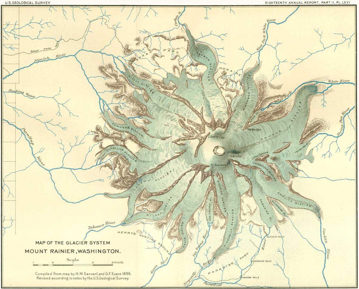 A historic map depicting the larger glaciers of Mount Rainier and the rivers they flow into.