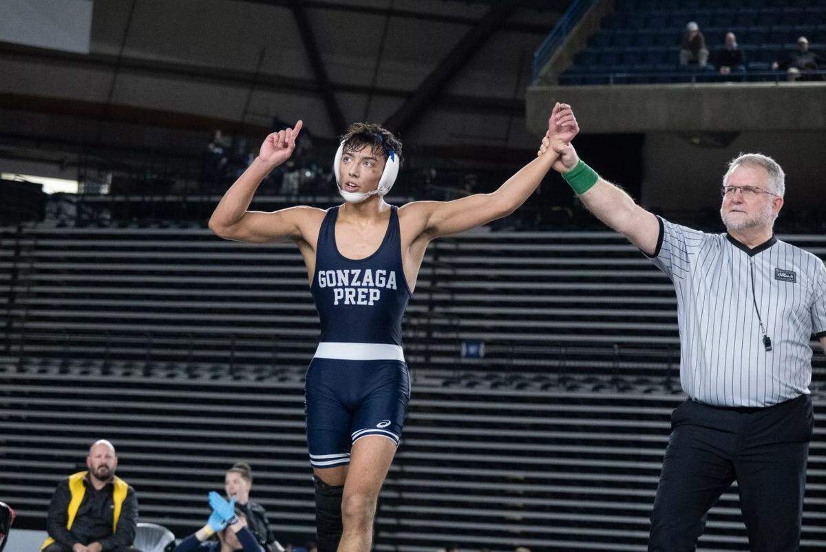 Gonzaga Prep wrestler Israel Acosta at the 2025 Mat Classic high school state wrestling tournament at the Tacoma Dome in Tacoma.
