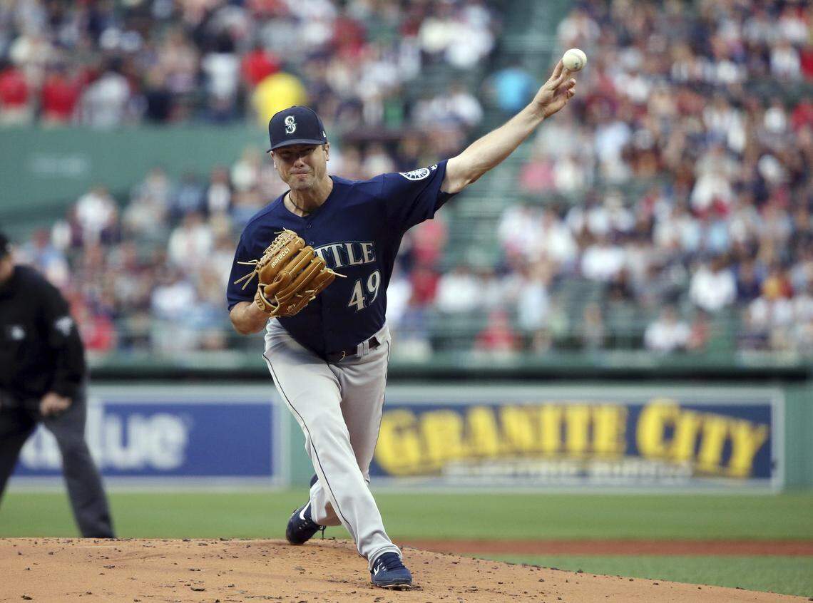 Seattle Mariners starting pitcher Wade LeBlanc delivers to the Boston Red Sox in the first inning of a baseball game at Fenway Park ,Friday, June 22, 2018, in Boston. (AP Photo/Elise Amendola)