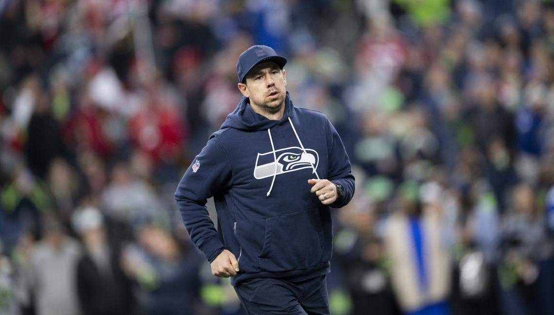 Seattle Seahawks Offensive Coordinator Klint Kubiak runs off the field before the NFC Divisional Round game against the San Francisco 49ers at Lumen Field, on Saturday, Jan. 17, 2026, in Seattle.