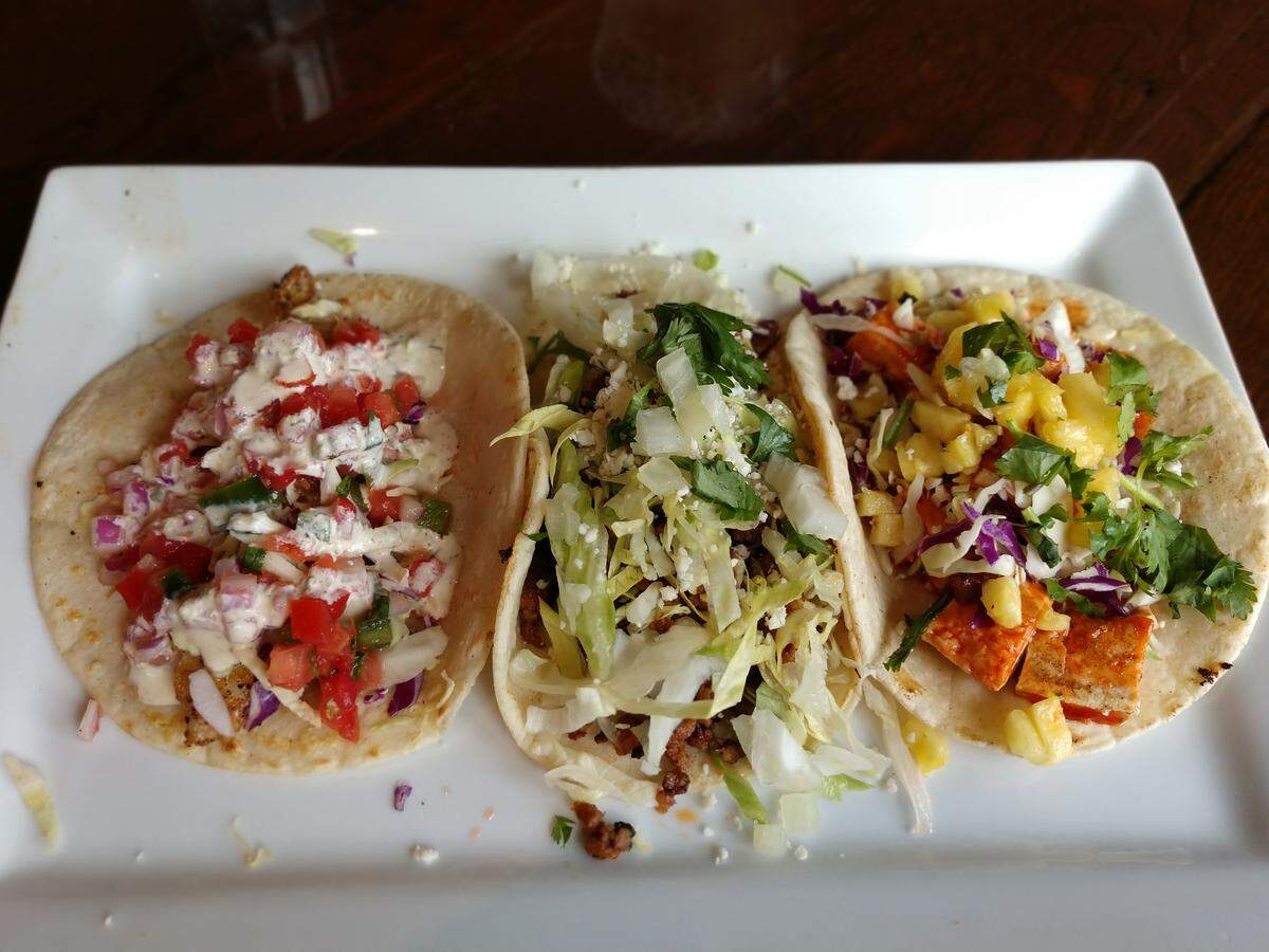 A trio of tacos from the lunch  menu at Red Star Taco Bar in Tacoma.