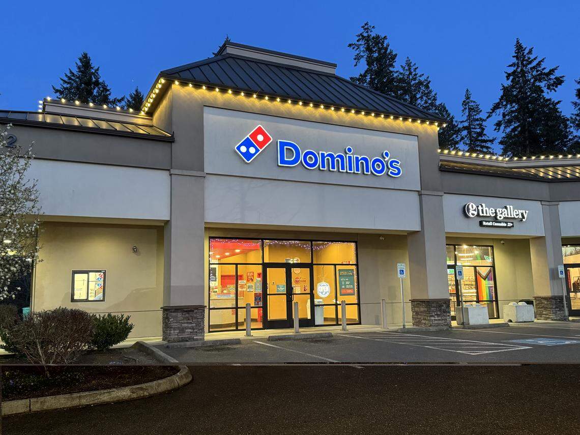 A Domino’s Pizza restaurant at the Lake Kathryn Village shopping center, pictured Thursday, April 2, 2026, on the Key Peninsula.