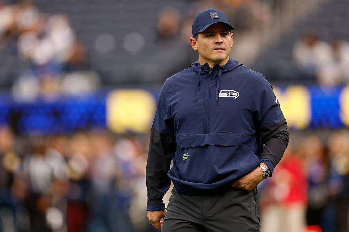 Seattle Seahawks head coach Mike Macdonald looks on during warmups before the game against the Los Angeles Rams at SoFi Stadium on November 16, 2025 in Inglewood, California. (Photo by Harry How/Getty Images)