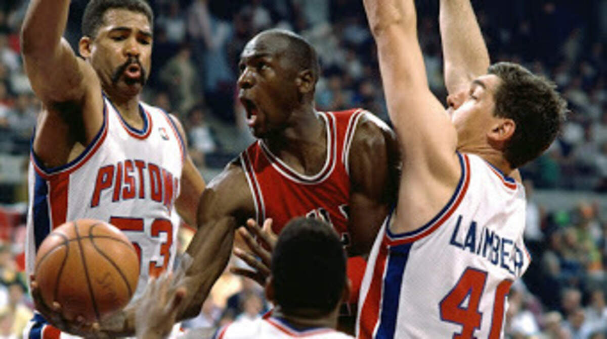 DETROIT - 1989: Michael Jordan #23 of the Chicago Bulls drives to basket against the Detroit Pistons during the 1989 season NBA game in Detroit, Michigan. NOTE TO USER: User expressly acknowledges and agrees that, by downloading and/or using this Photograph, User is consenting to the terms and conditions of the Getty Images License Agreement. Mandatory copyright notice: Copyright 1989 NBAE (Photo by Andrew D. Bernstein/NBAE/Getty Images)
