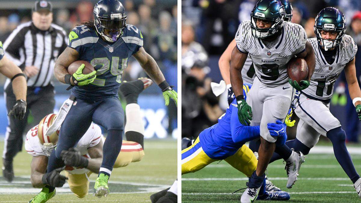 LEFT: Seahawks running back Marshawn Lynch breaks free from 49ers linebacker Aldon Smith for a 40-yard touchdown in the third quarter during the NFC Championship Game at CenturyLink Field Sunday, Jan. 19, 2014. The Seahawks won 23-17. (Joe Barrentine / The News Tribune archives) RIGHT: Seattle Seahawks running back Kenneth Walker III (9) picks up a third down and long against the Los Angeles Rams during the second quarter of the game at Lumen Field, on Thursday, Dec. 18, 2025, in Seattle. (Brian Hayes / bhayes@thenewstribune.com)