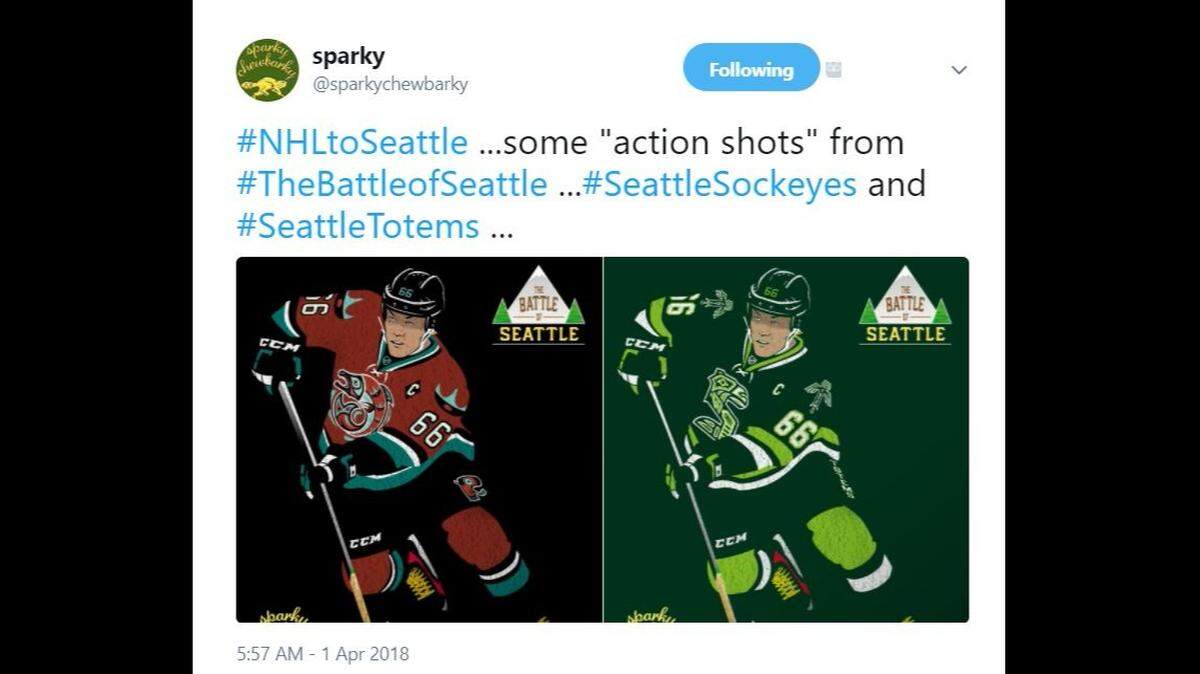 With the National Hockey League presumably on its way to Seattle, fans have been eager for months to find out the potential name and logo. Now they're taking matters in to their owns hands with come concepts like these from Sparky Chewbarky Athletics.