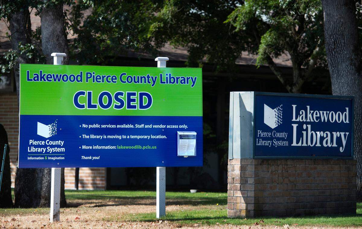 The Lakewood Pierce County Library in Lakewood, Washington, has been closed since June due to the need for major repairs. The building is shown on Saturday, Sept. 24, 2022.