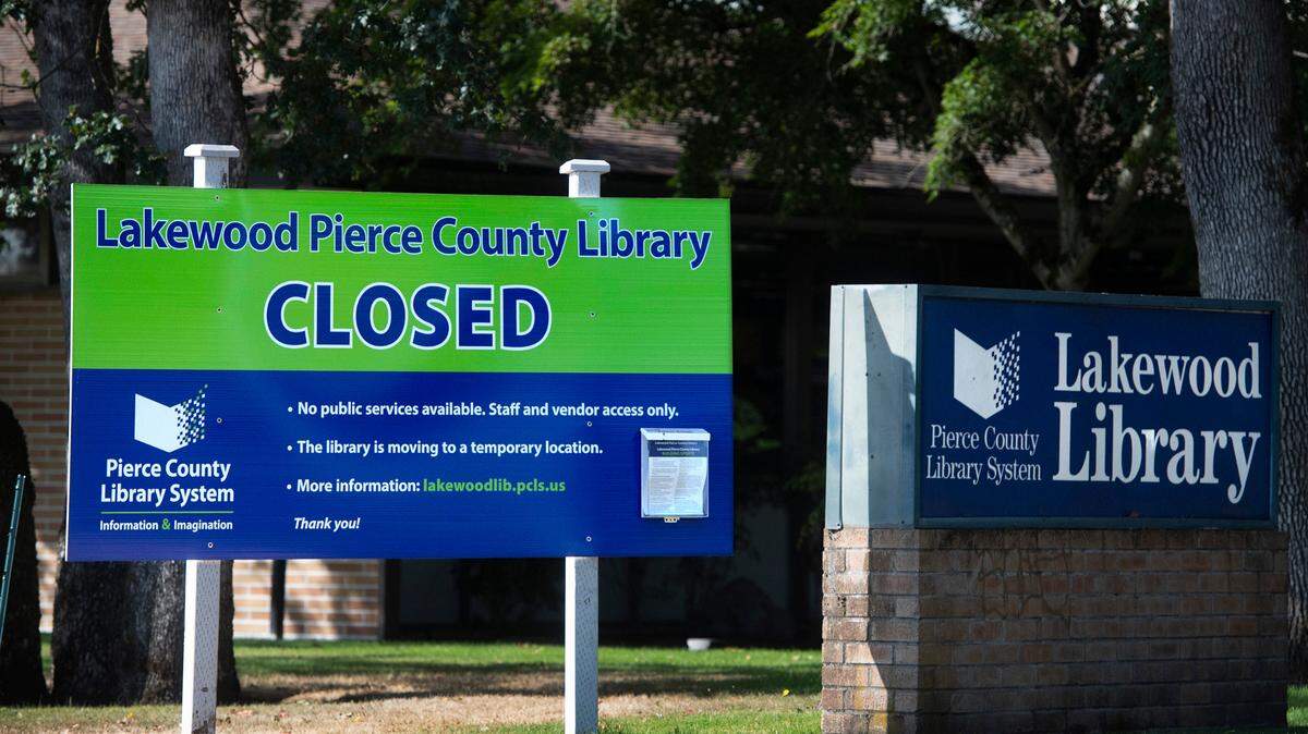 The Lakewood Pierce County Library in Lakewood, Washington, has been closed since June due to the need for major repairs. The building is shown on Saturday, Sept. 24, 2022.