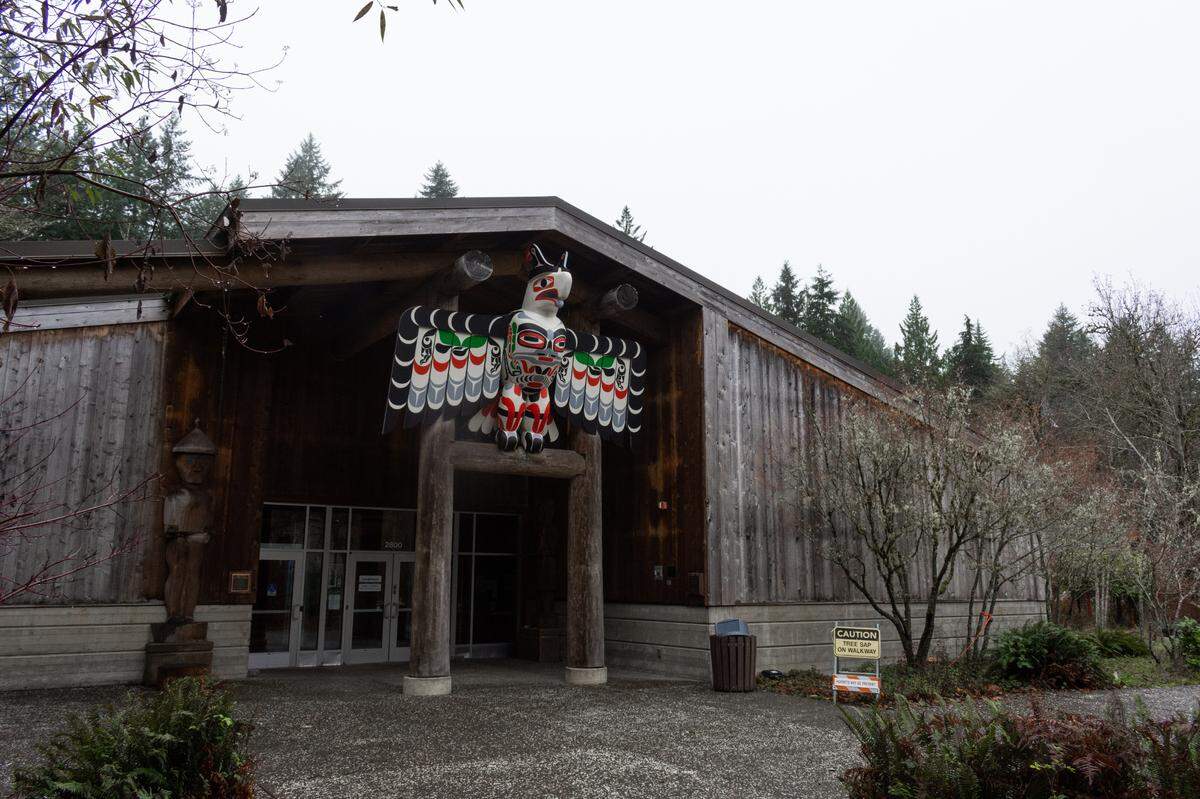 “Thunderbird,” created by Skokomish artist Andy Wilbur and Makah artist Greg Colfax in 1995, watches over the longhouse entrance at Evergreen State College in Olympia. The longhouse recently celebrated 26 years of working with students, the community and Indigenous artists of the Pacific Rim.