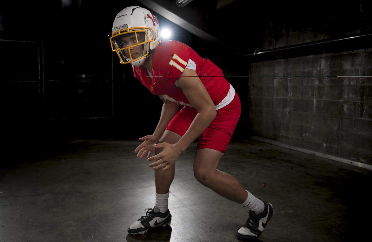 Mount Tahoma junior defensive end Teaven Jones poses for a portrait after being selected as first-team defense for The News Tribune’s 2025 All-Area football team at Mount Tahoma High School, on Sunday, Dec. 7, 2025, in Tacoma, Wash.