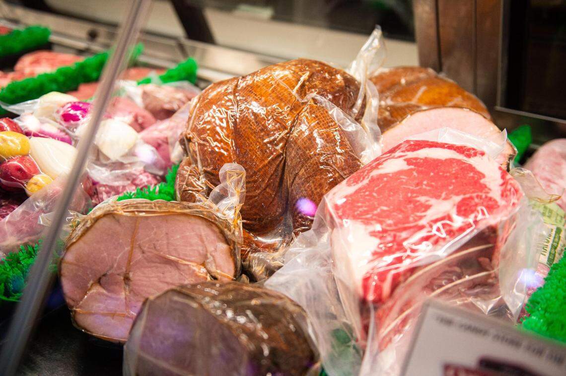 The smoked turkey, smoked ham, and prime rib at Owens Meats in Point Ruston in Tacoma, Wash., on Thursday, Nov. 12, 2020.