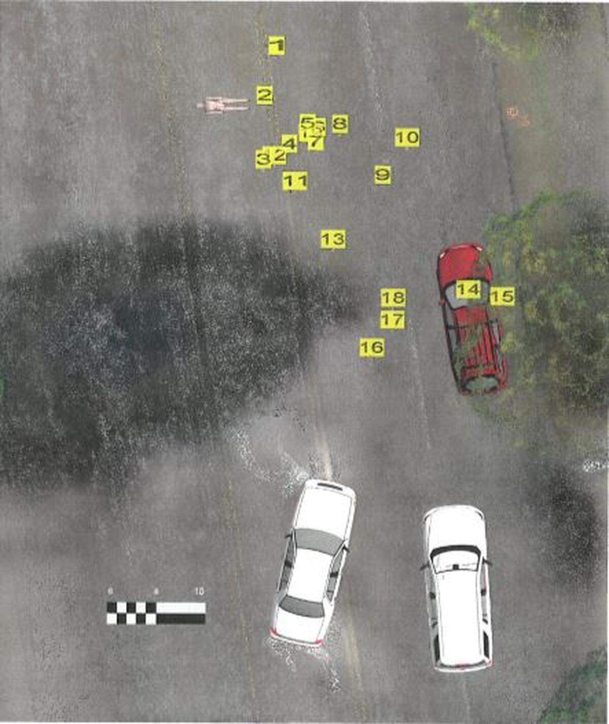 A diagram of the scene where Bennie Branch was fatally shot by Tacoma police Sept. 8. The red Subaru was driven by Brendalin Branch with her son in the passenger seat. The two white cars are Tacoma patrol vehicles.