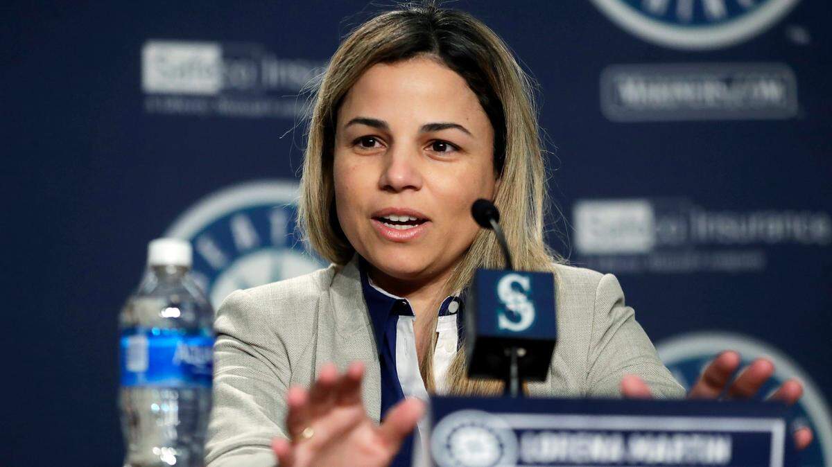 Lorena Martin, Seattle Mariners’ director of high performance, speaks Thursday, Jan. 25, 2018, in Seattle, during the Mariners annual media briefing before the start of spring training baseball. (AP Photo/Ted S. Warren)