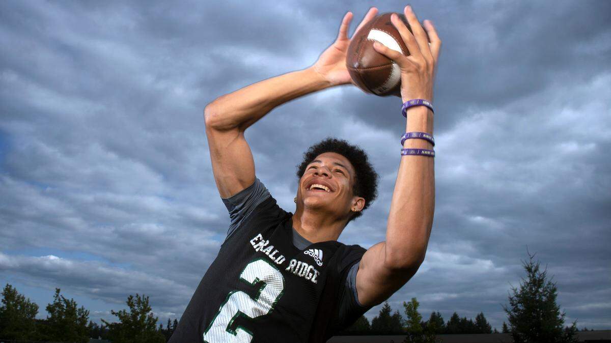 Emerald Ridge wide receiver Denzel Boston has committed to the University of Washington after his 2021 senior season. He is shown before football practice at Emerald Ridge High School in Puyallup, Washington, on Thursday, Aug. 19, 2021.