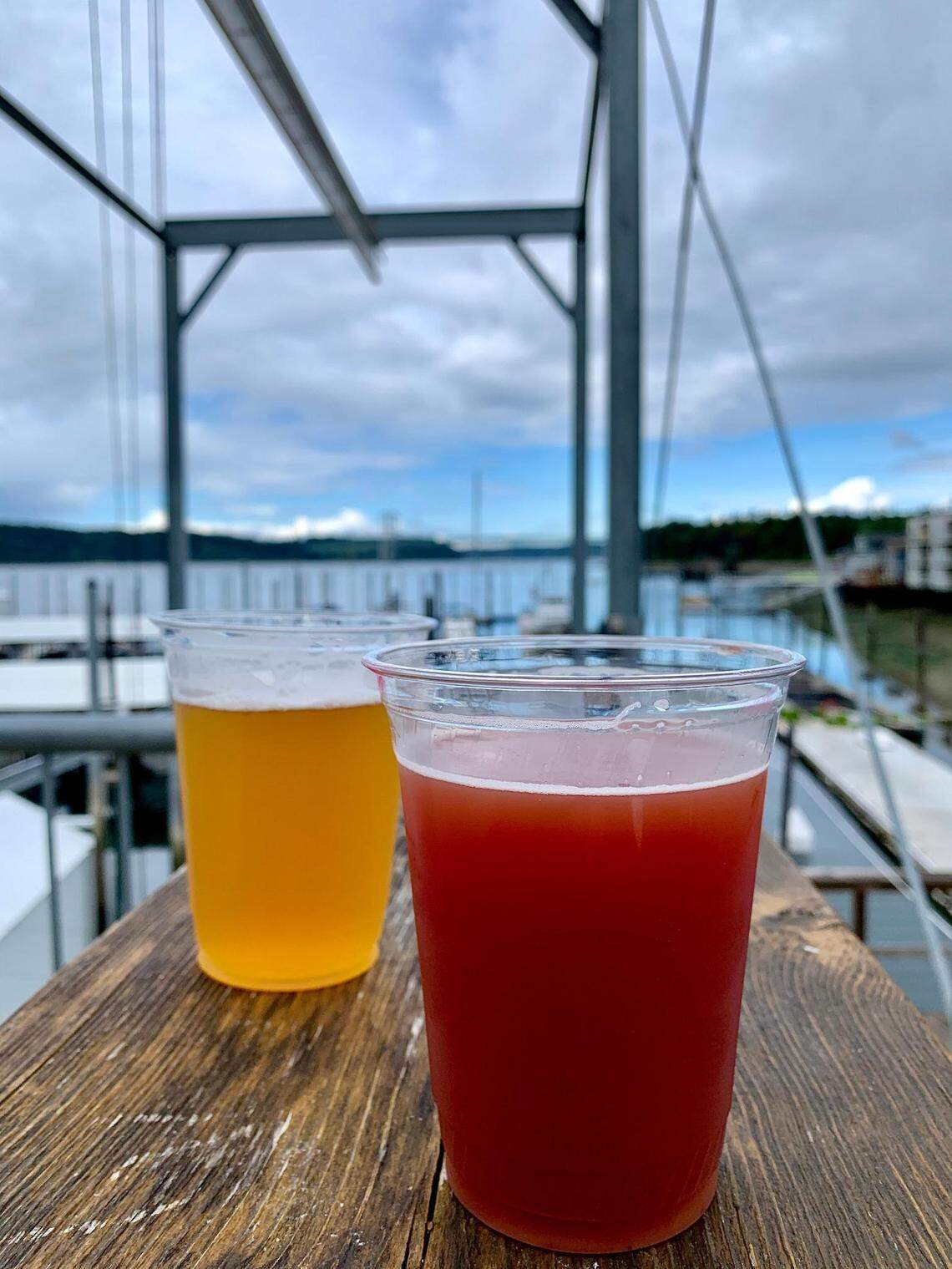 The back patio at Narrows Brewing overlooks the Narrows Bridge and Marina, next to Boathouse 19 in Tacoma, Wash.