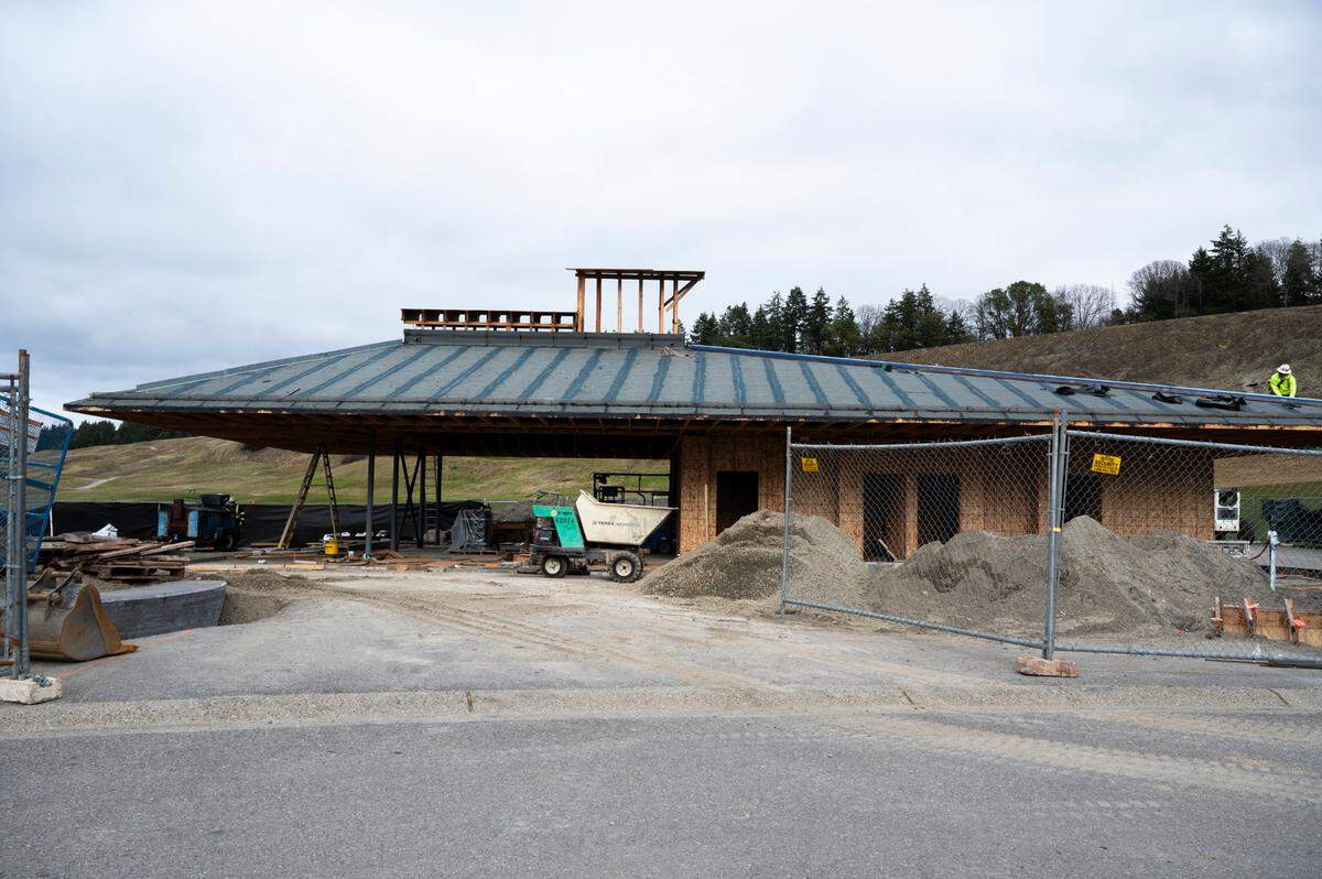 The Turnstand, shown under construction on March 3, will feature a vegetative-cantilever roof, a large skylight, a food-and-drink counter and full bar, plus indoor and outdoor seating.