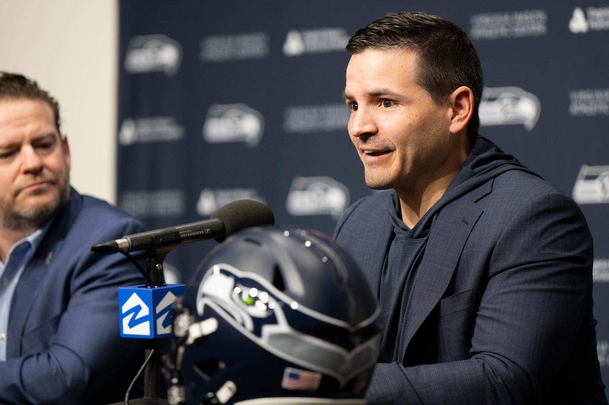 New Seahawks head coach Mike Macdonald gives a statement during his press conference as head coach at Virginia Mason Athletic Center on Thursday, Feb. 1, 2024, in Renton, Washington.