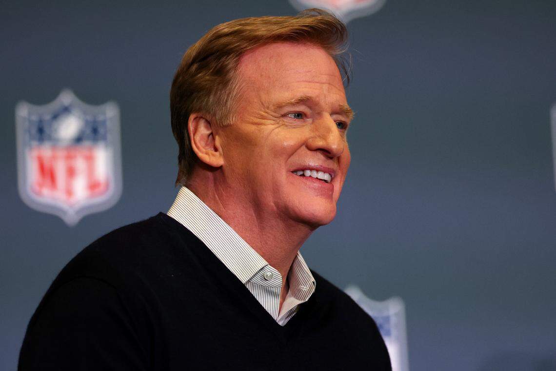 SAN JOSE, CALIFORNIA - FEBRUARY 02: NFL commissioner Roger Goodell looks on during Super Bowl LX Opening Night at San Jose McEnery Convention Center on February 02, 2026 in San Jose, California. (Photo by Chris Graythen/Getty Images)