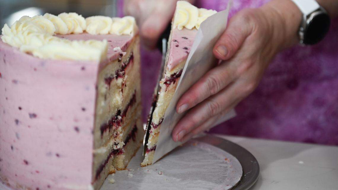 To preserve the integrity of these multi-layered beauties, every single slice is cut to order. The marionberry goat cheese was one of a few seasonal cakes in the case on Thursday.