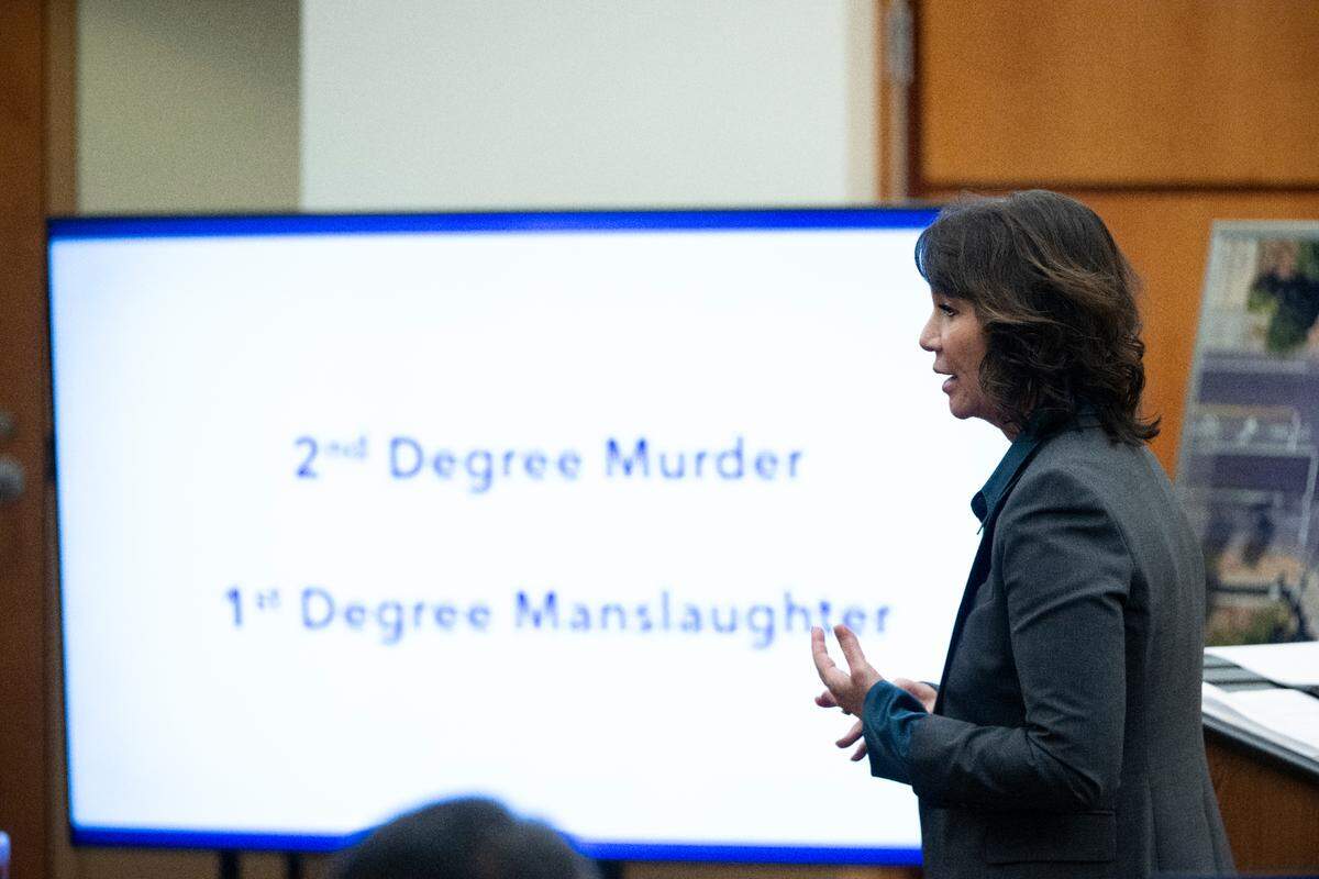 Special Assistant Attorney General Patty Eakes gives closing arguments during the trial of three Tacoma Police officers in the killing of Manny Ellis at Pierce County Superior Court, Monday, Dec. 11, 2023, in Tacoma, Wash. Tacoma Police Officers Christopher Burbank, Matthew Collins and Timothy Rankine stand trial for charges related to the March 2020 killing of Manny Ellis. (Brian Hayes / Pool Photo – The News Tribune)