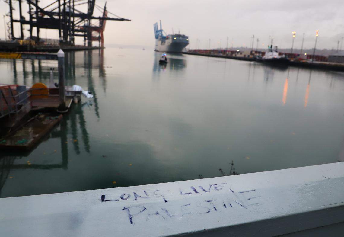 Graffiti on a handrail on the pier at the Port of Tacoma reads “LONG LIVE PALESTINE”, Monday, Nov. 6, 2023.