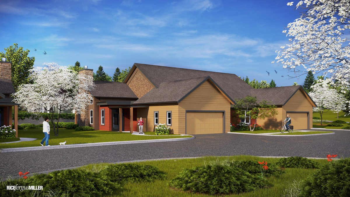 A rendering shows projected duplexes at Heron’s Key in Gig Harbor, Wash. Phase II will add three duplexes (six cottage-style units) to the property’s existing five.