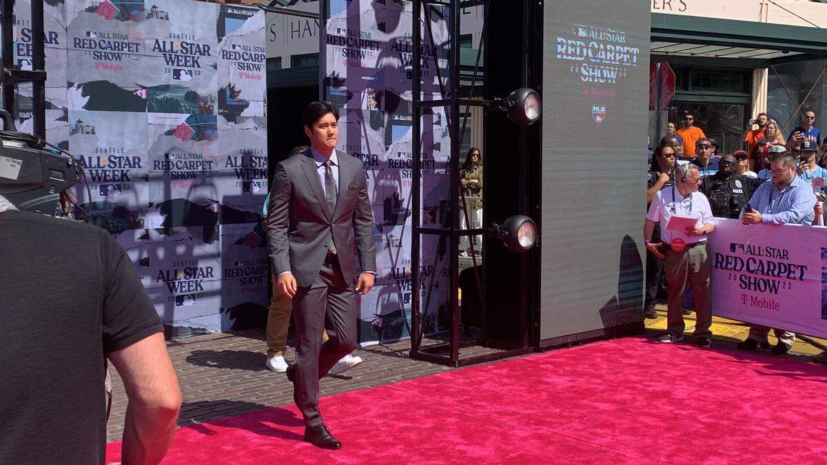 Angels slugging and pitching star Shohei Ohtani was the first one down the uniquely Seattle red carpet at Pike Place Market July 11, 2023, hours before the 93rd MLB All-Star Game at T-Mobile Park.