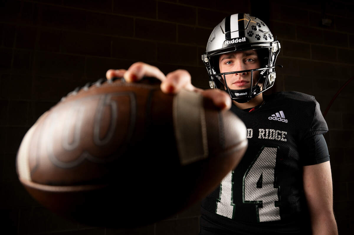 Emerald Ridge senior quarterback Jake Schakel poses for a portrait after being selected as first-team offense for The News Tribune’s 2023 All-Area football team at Mount Tahoma High School, on Sunday, Dec. 10, 2023, in Tacoma, Wash.