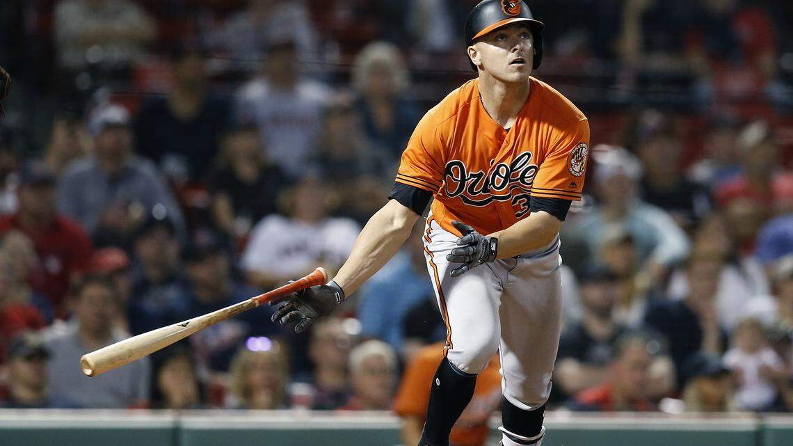 Baltimore Orioles’ John Andreoli watches his ground rule double that drove in two run during the ninth inning of the second game of a baseball doubleheader against the Boston Red Sox in Boston, Wednesday, Sept. 26, 2018. (AP Photo/Michael Dwyer)