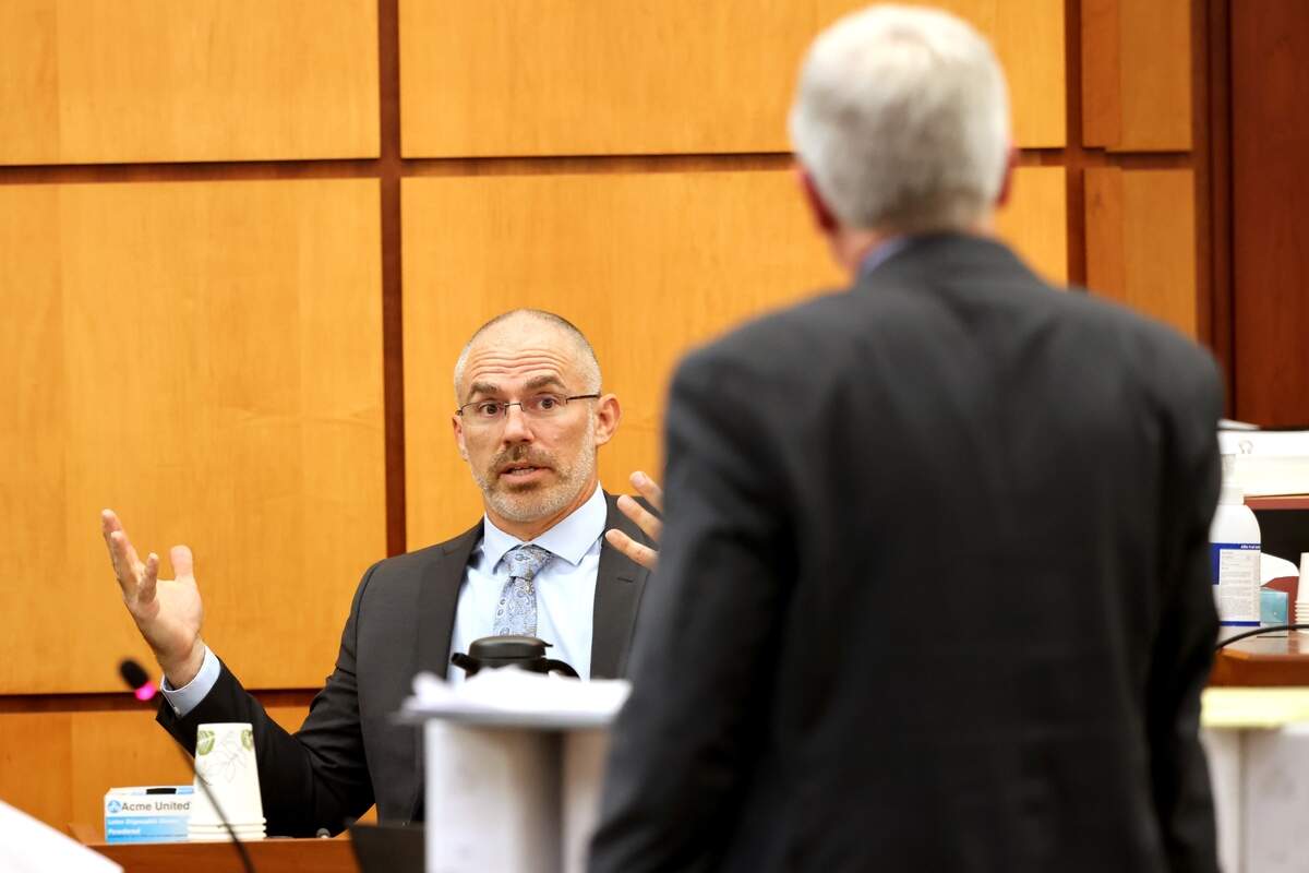 Chris Nielsen, a former police officer and attorney retained as an expert, is questioned by defense attorney Wayne Fricke, in Pierce County Superior Court Thursday Nov. 16, 2023, in Tacoma, WA.