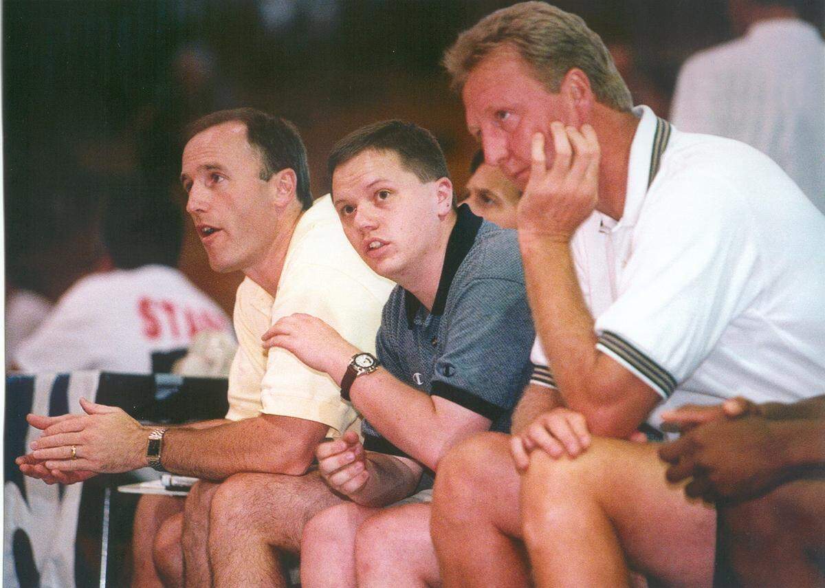 Ryan Carr, center, sits next to Larry Bird, right, and Dan Burke as part of the Indiana Pacers’ 1999 Boston Summer League. Carr attended Sumner and graduated from Rogers High School in Puyallup and now is the Pacers’ director of player personnel.